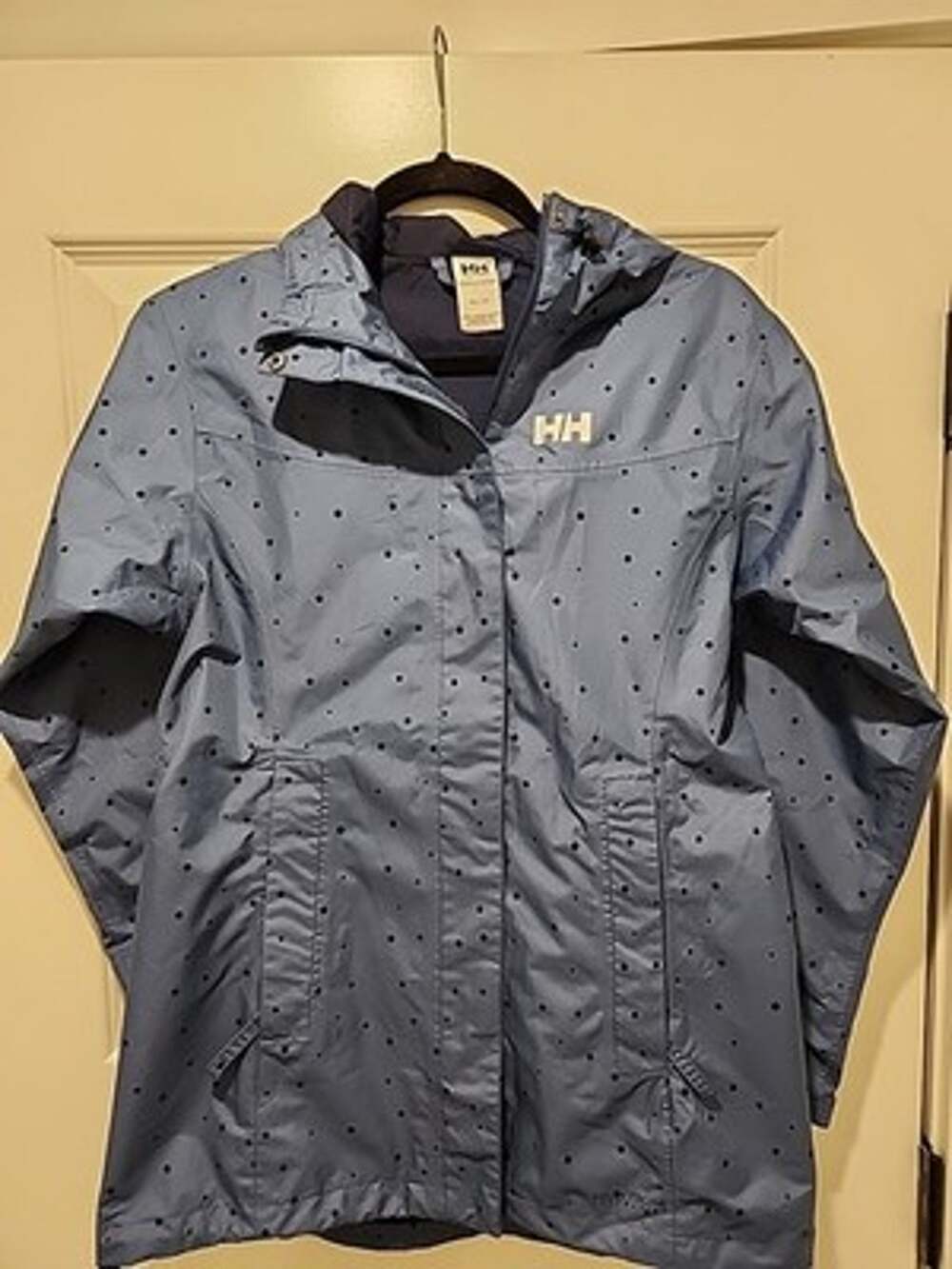 Helly Hansen Women's XS Bellevue Waterproof Coat Jacket Blue W/ Navy Polka Dots